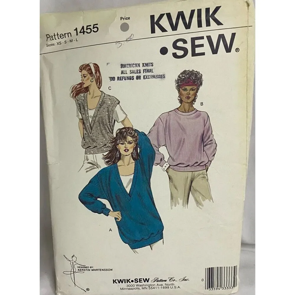 #1455 Kwik Sew Misses Sweaters and Vest Knitting Pattern size XS-L